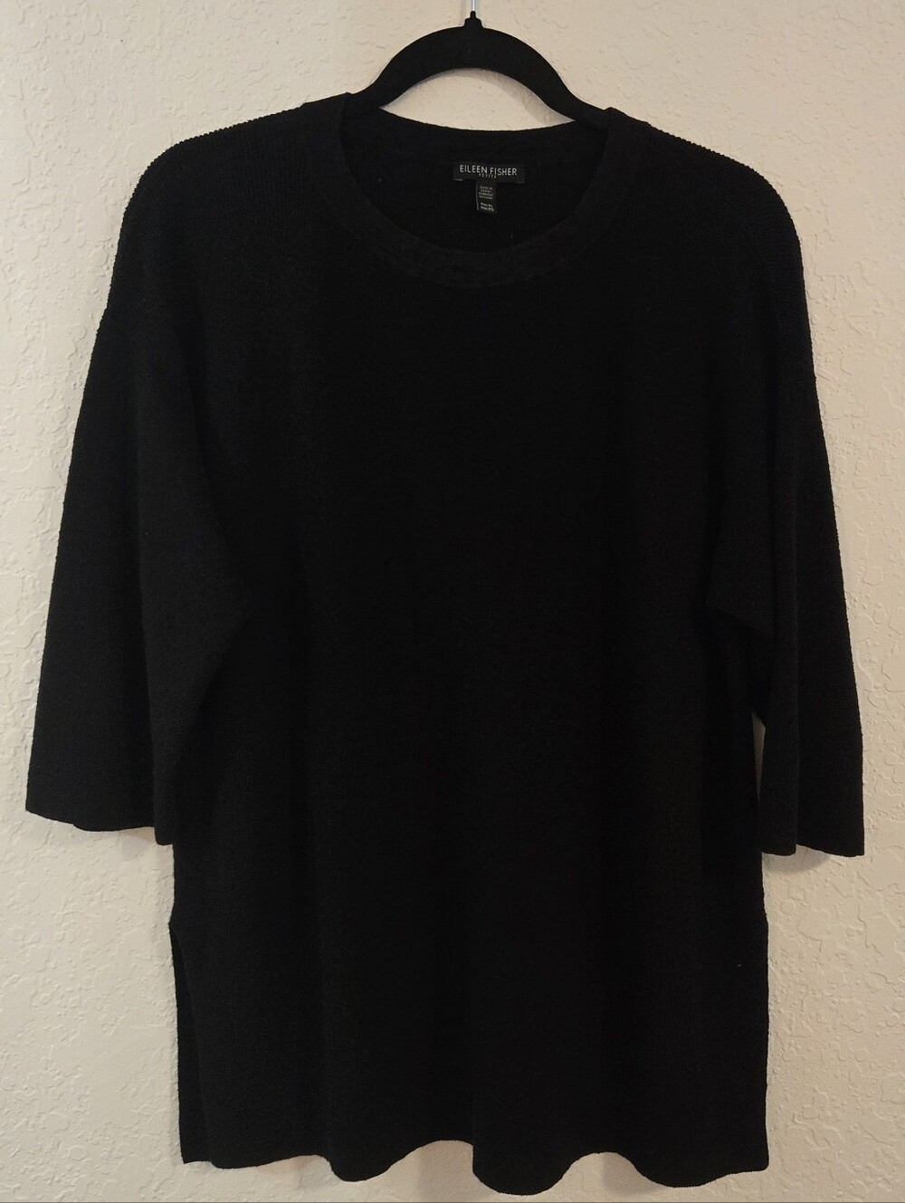 Eileen Fisher Black Ribbed Crewneck Sweater Organic Linen Coastal Minimalist
